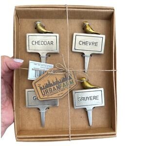 Boxed Set of Four UrbanFarm Metal Cheese Markers with Brass Colored Birds